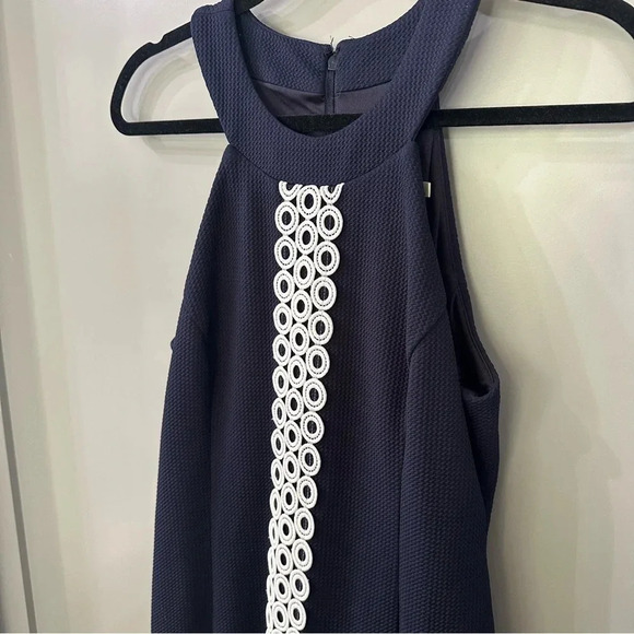 Eliza J Navy Dress Circle Eyelet High Neck Sheath Dress Size 8 - Picture 4 of 6